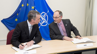 Freddy Dezeure, Head of CERT-EU and Ian West, NCIRC's Chief of Cyber Security at the signing ceremony which took place on the first day of the Meeting of NATO Ministers of Defence in Brussels today.