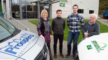 (Left to right) In front of Strand Group’s HQ on the Isle of Man: Gill Young,  Finance Director Strand Group, Andrew Isaac Finance Director Prospero, James Pettigrew Managing Director Prospero, and Jo