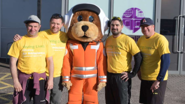 L-R, pictured with Wilber (the Wiltshire Air Ambulance mascot) are Excalibur's Mike Hayden, Darren Harper, Graham Ford & Tony Jones.