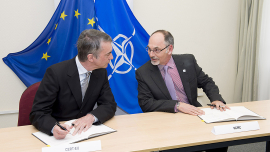 Freddy Dezeure, Head of CERT-EU and Ian West, NCIRC's Chief of Cyber Security at the signing ceremony which took place on the first day of the Meeting of NATO Ministers of Defence in Brussels today.