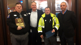 General Manager Robert Puhalski (second from left) and Director of Security Jason Jelsovsky (far right) recognize Joe Trzepacz (left), Dave Gullo (second from right) and Ashley Kurucz, who is not pict